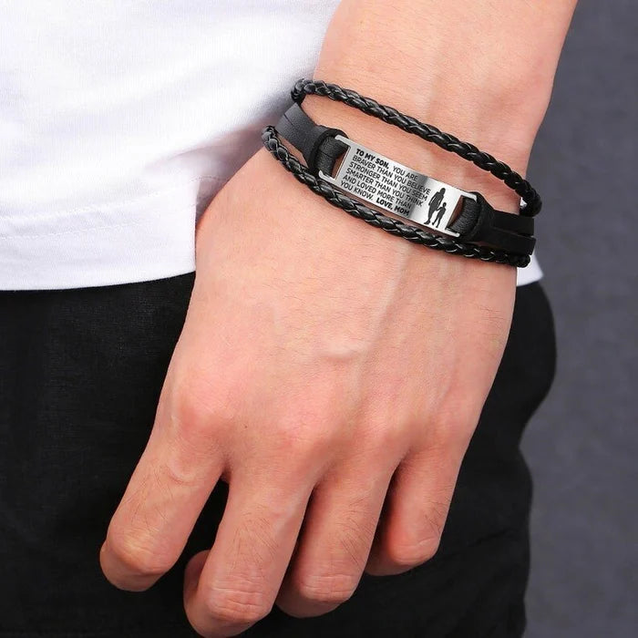 From Mom/Dad to Son - Steel & Adjustable Leather Style Bracelet