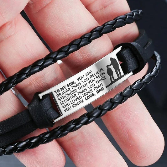 From Mom/Dad to Son - Steel & Adjustable Leather Style Bracelet