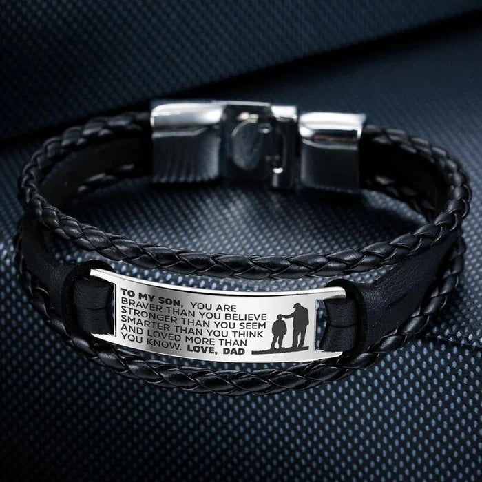 From Mom/Dad to Son - Steel & Adjustable Leather Style Bracelet