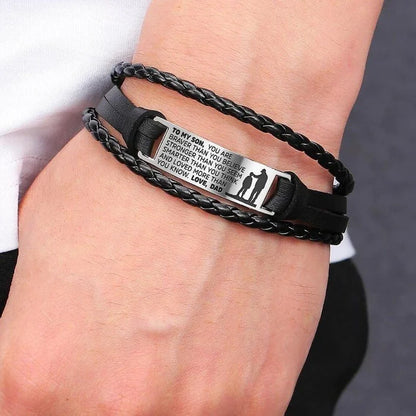 From Mom/Dad to Son - Steel & Adjustable Leather Style Bracelet