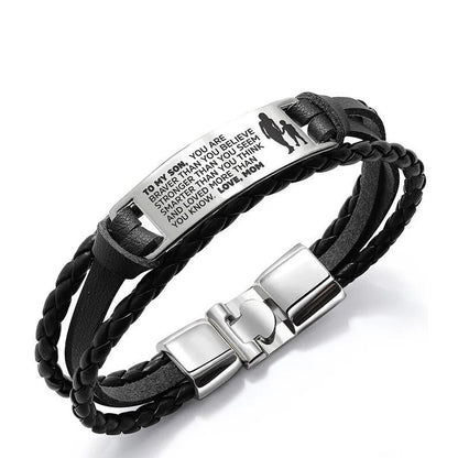 From Mom/Dad to Son - Steel & Adjustable Leather Style Bracelet