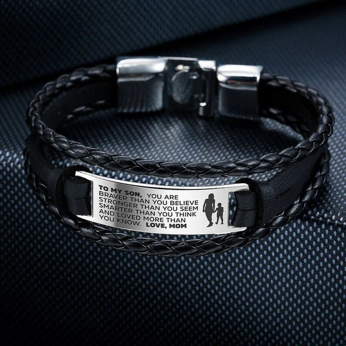 From Mom/Dad to Son - Steel & Adjustable Leather Style Bracelet